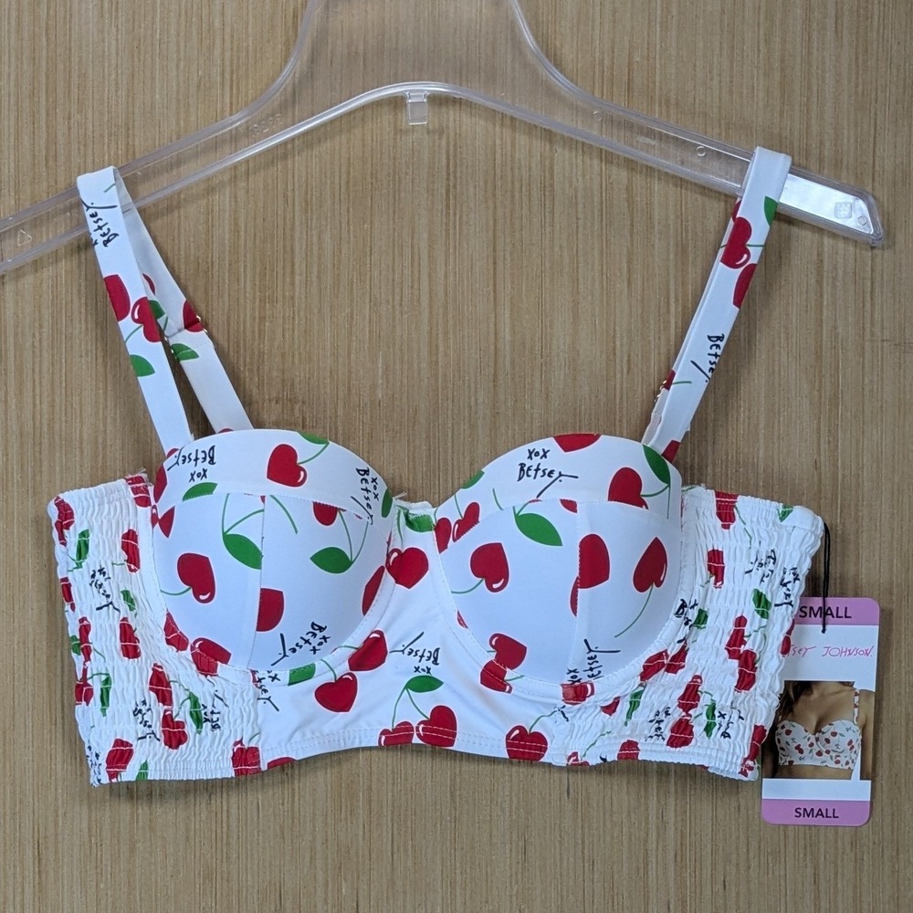 Betsey Johnson Cherry Print Underwire Bikini Top White Red Small NWT Vacation